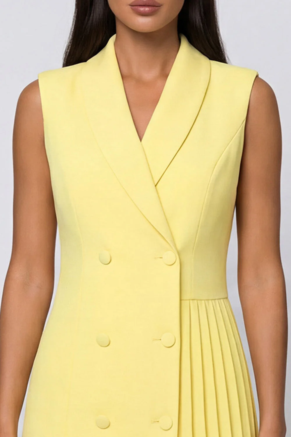 Yellow Shawl Lapel Pleated Asymmetrical Work Dress - Image 3