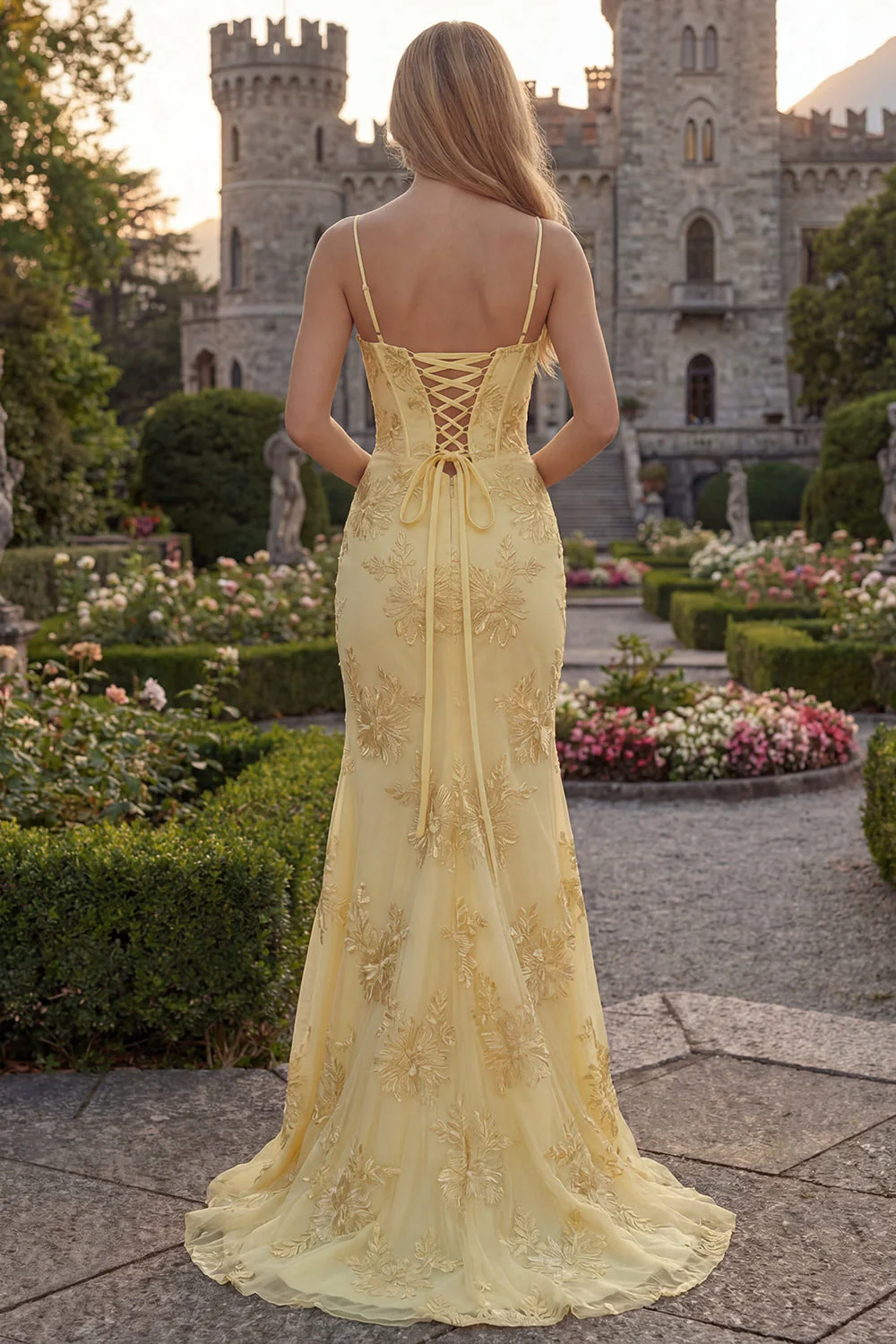Yellow Mermaid Spaghetti Straps Long Prom Dresses with Embroidery - Image 2