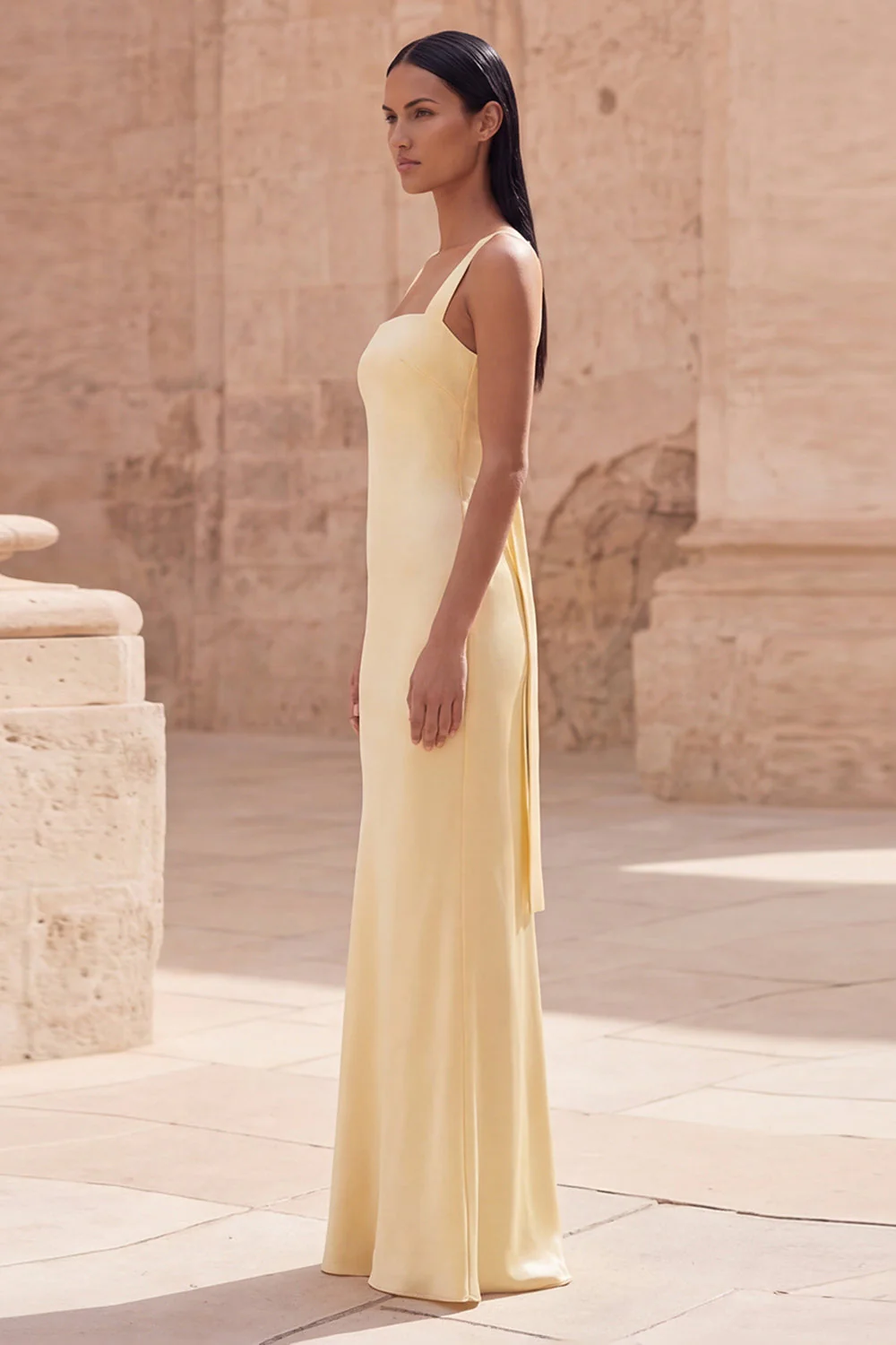 Yellow Spaghetti Straps Sheath Sleeveless Long Satin Dress - Image 3