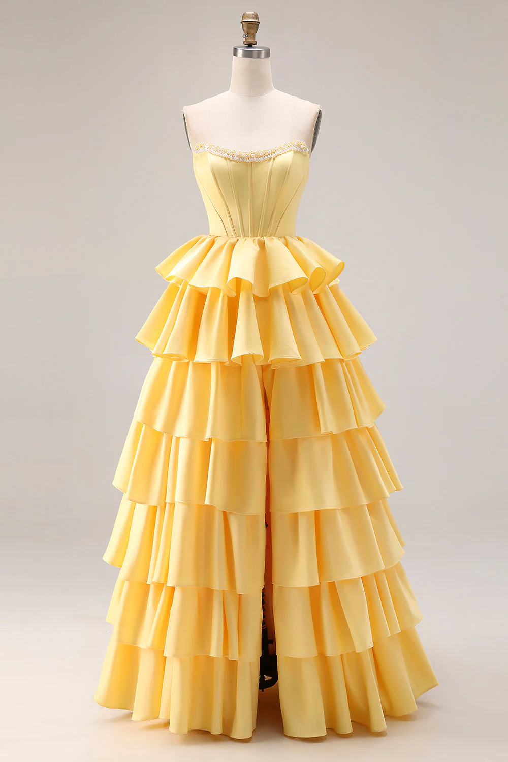 Yellow Sweetheart A-Line Tiered Corset Lace Up Back Prom Dress with Slit