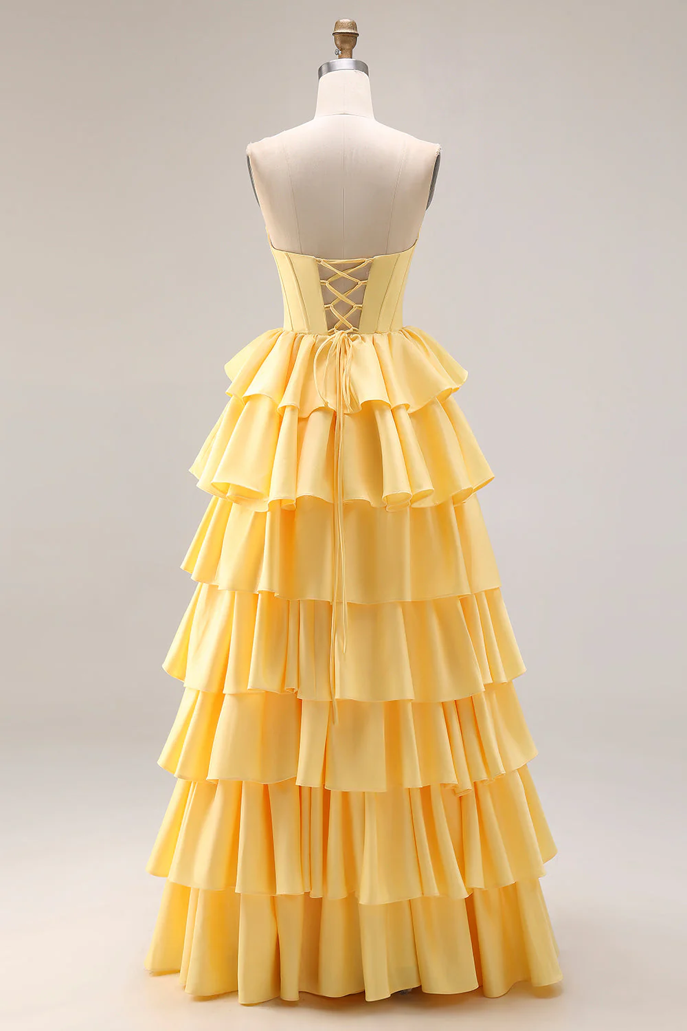 Yellow Sweetheart A-Line Tiered Corset Lace Up Back Prom Dress with Slit - Image 2