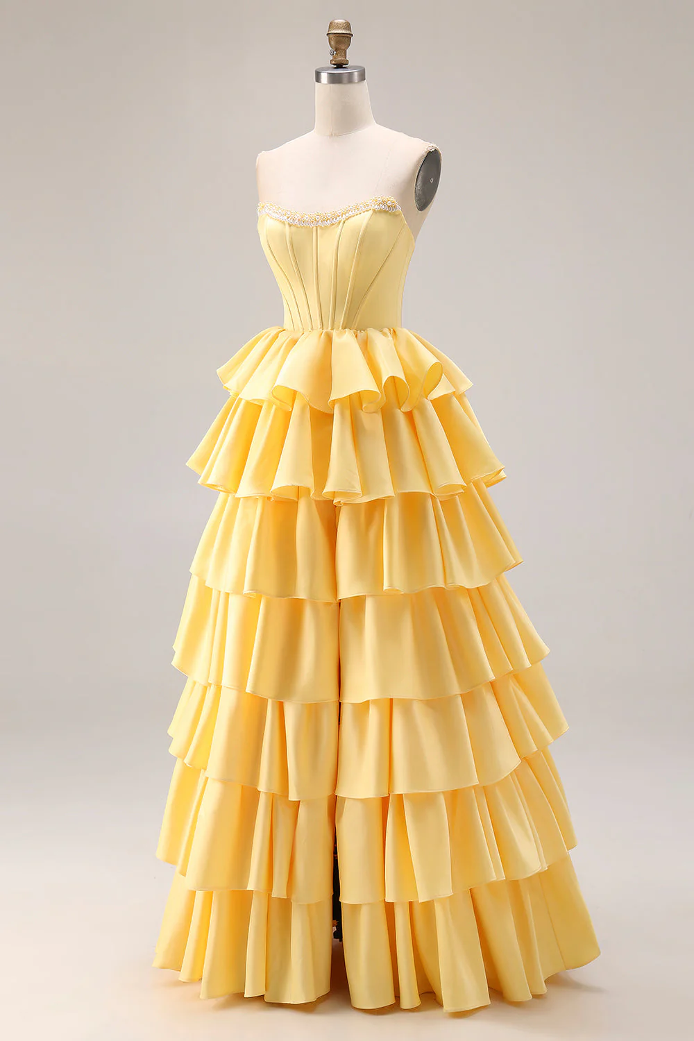 Yellow Sweetheart A-Line Tiered Corset Lace Up Back Prom Dress with Slit - Image 3
