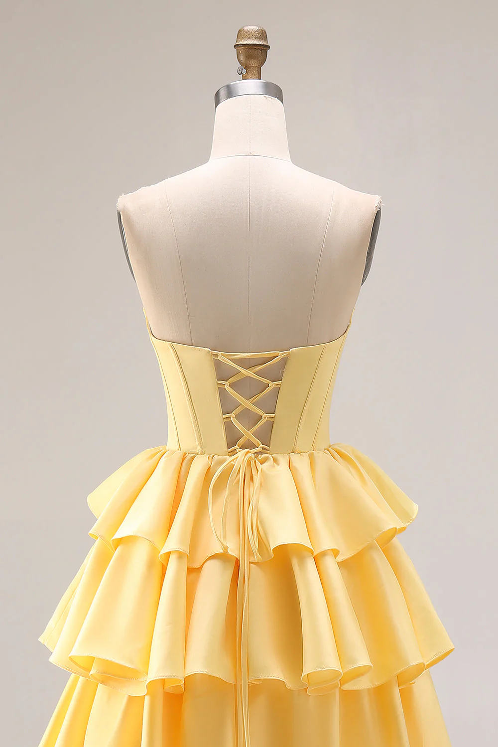Yellow Sweetheart A-Line Tiered Corset Lace Up Back Prom Dress with Slit - Image 5