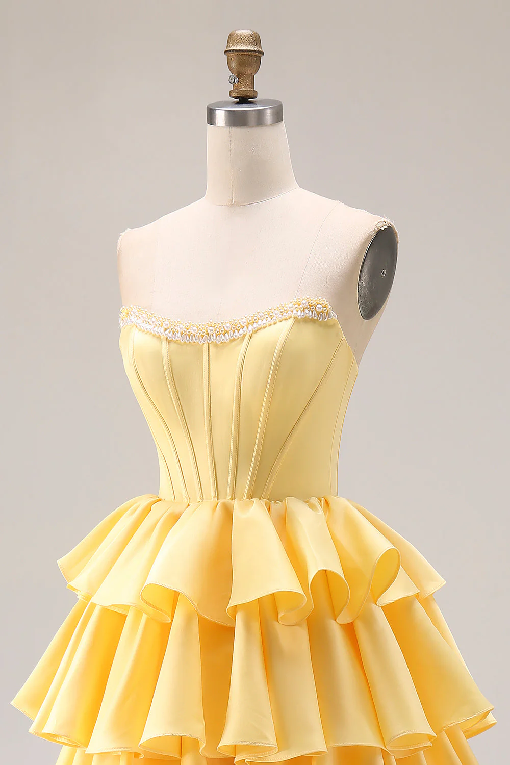 Yellow Sweetheart A-Line Tiered Corset Lace Up Back Prom Dress with Slit - Image 6