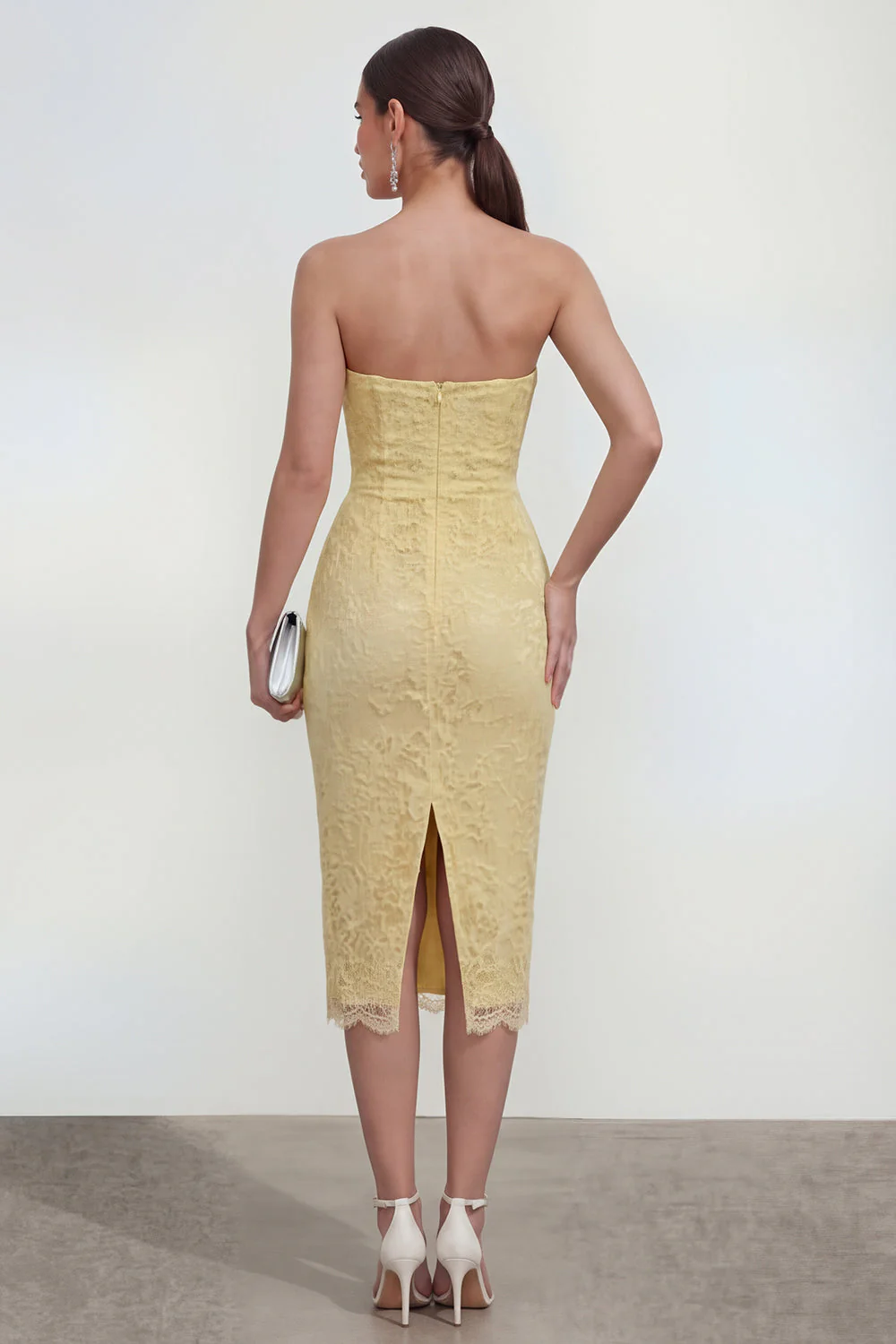 Yellow Sweetheart Ruched Bodycon Midi Dress with Slit - Image 2