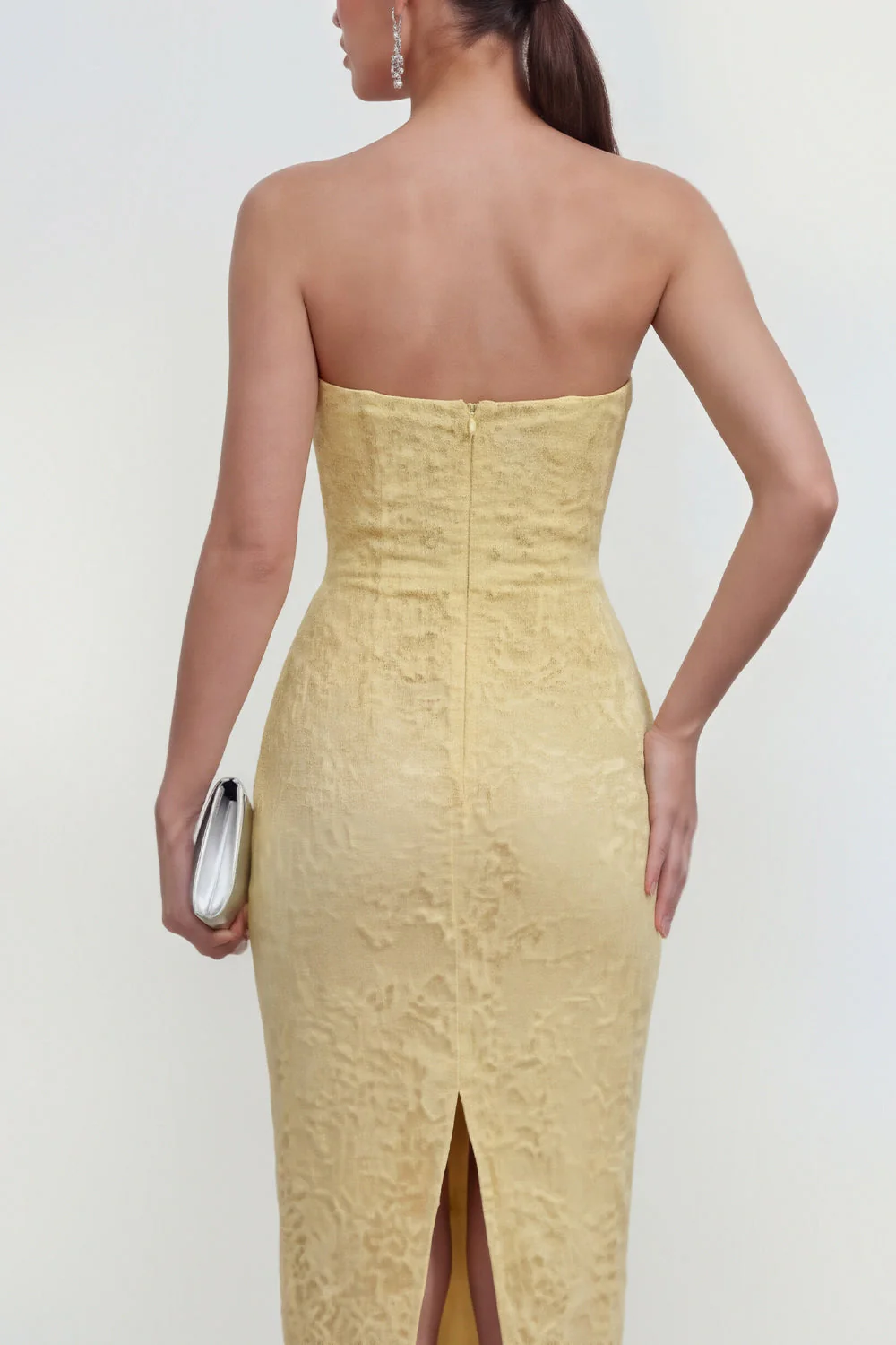 Yellow Sweetheart Ruched Bodycon Midi Dress with Slit - Image 4