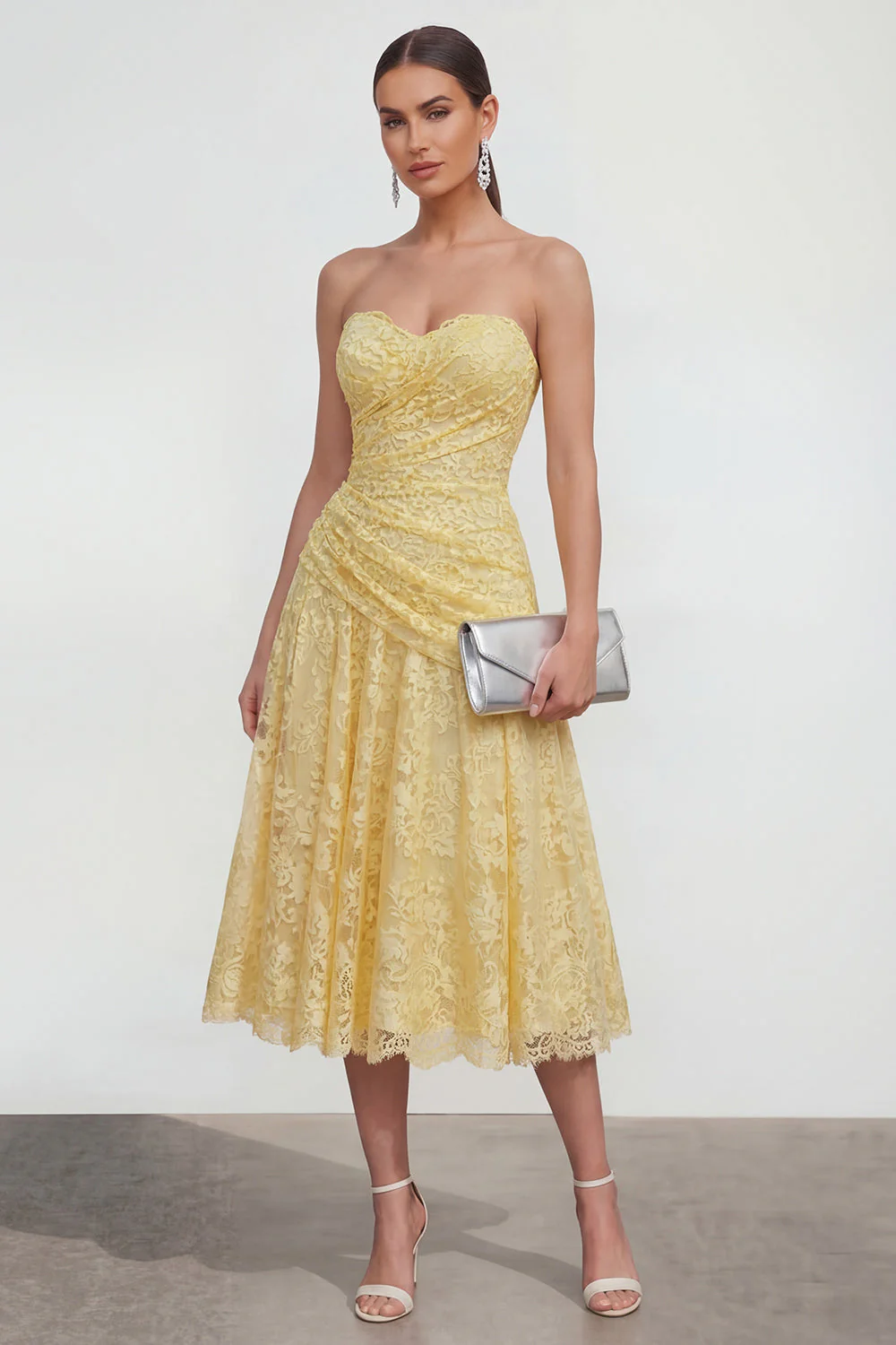 Yellow Sweetheart Ruched Lace Midi Dress