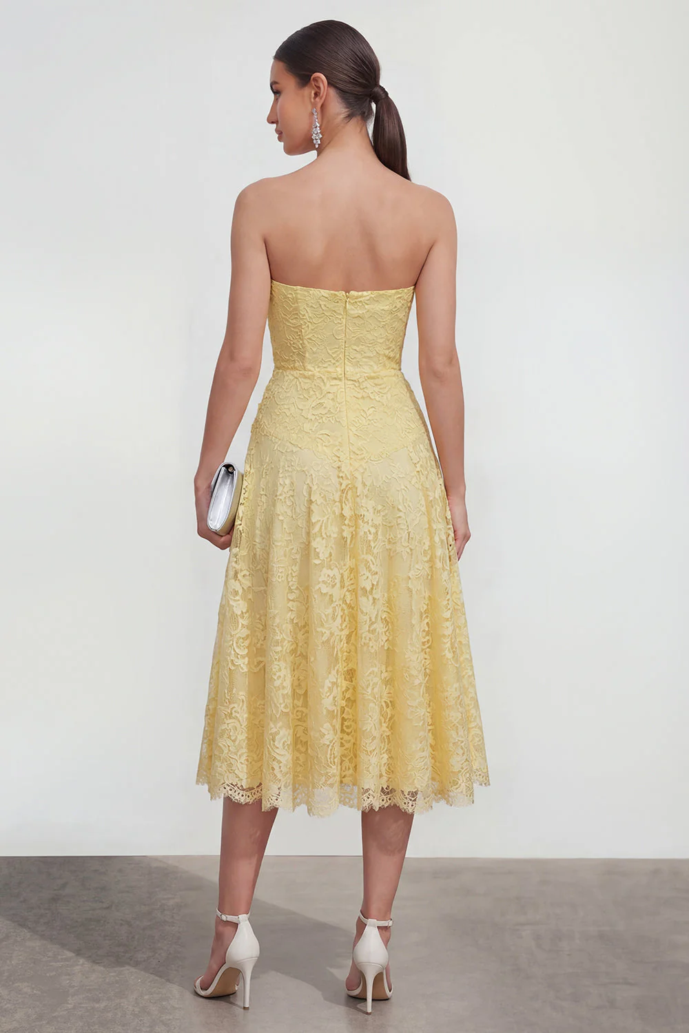 Yellow Sweetheart Ruched Lace Midi Dress - Image 2