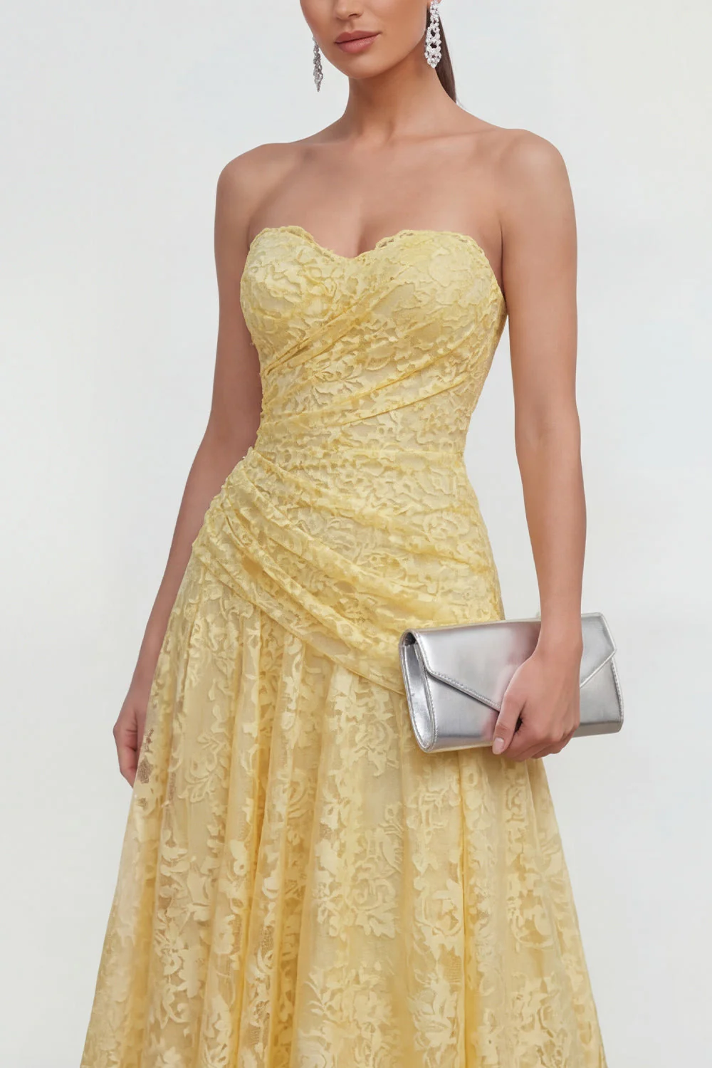 Yellow Sweetheart Ruched Lace Midi Dress - Image 3
