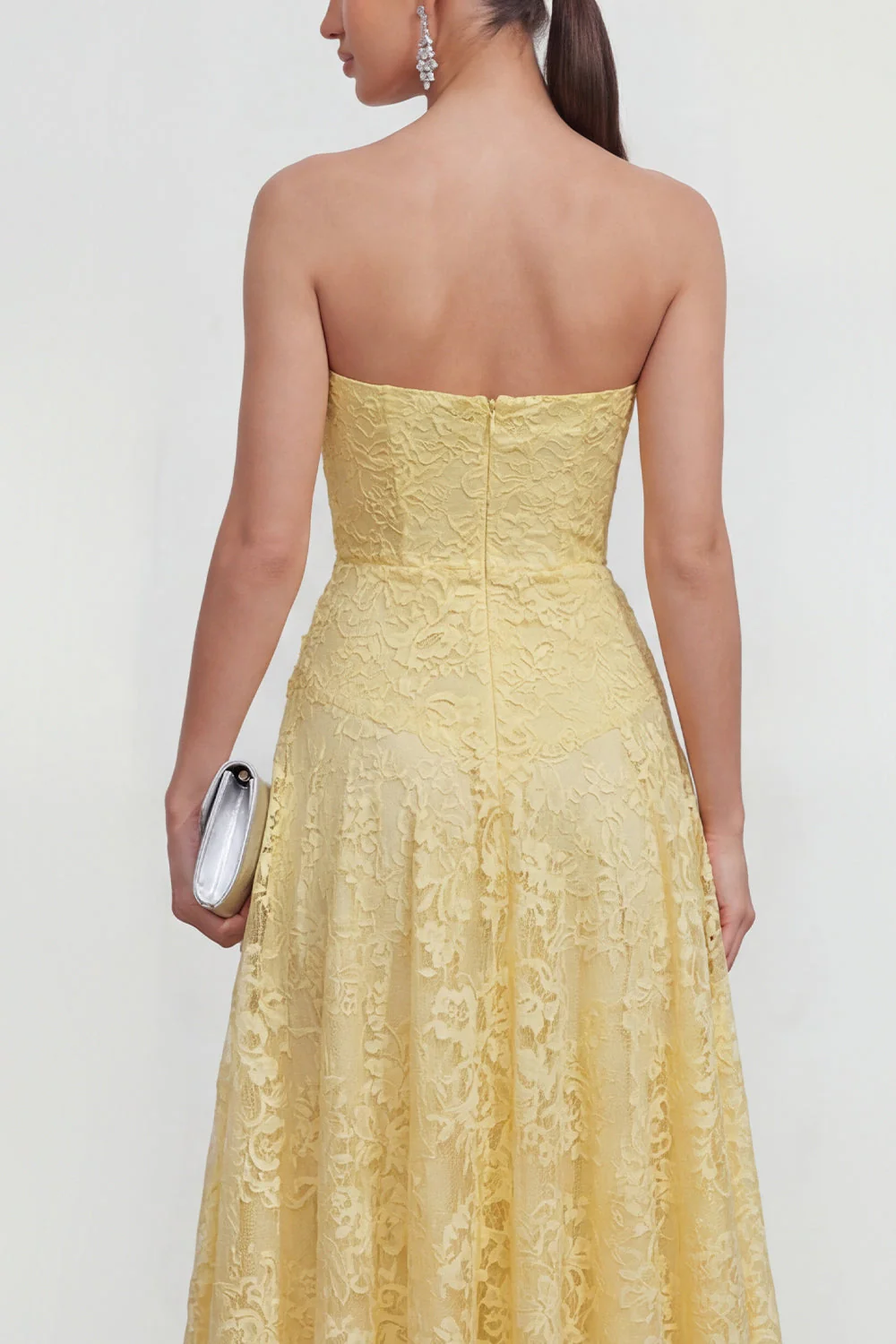 Yellow Sweetheart Ruched Lace Midi Dress - Image 4