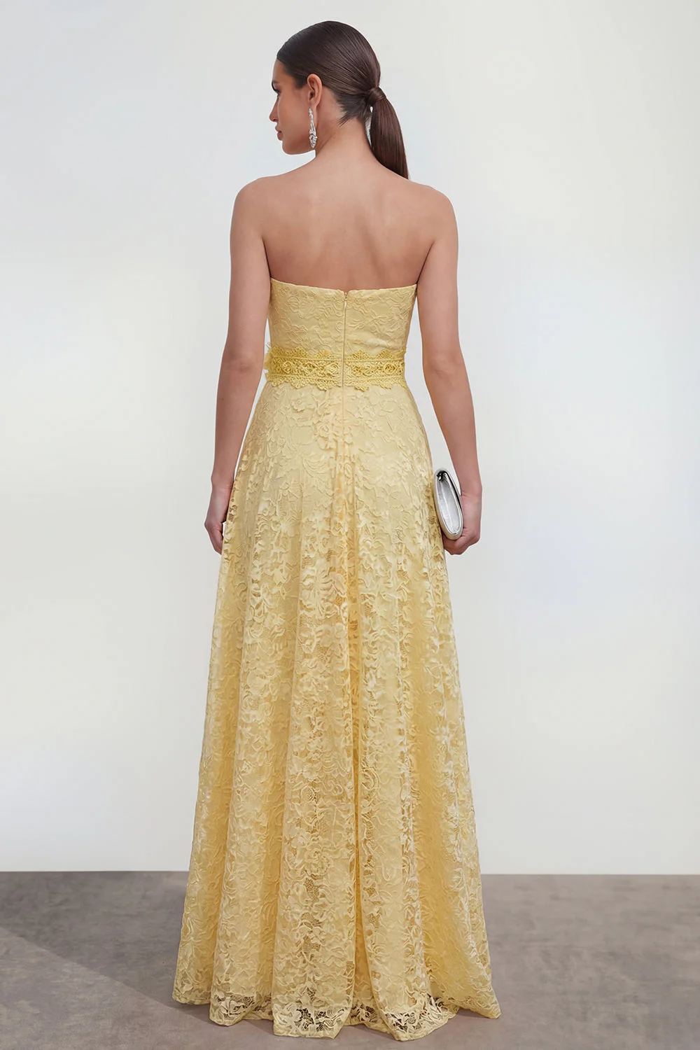 Yellow Sweetheart Ruched Long Lace Maxi Dress with 3D Flower - Image 2