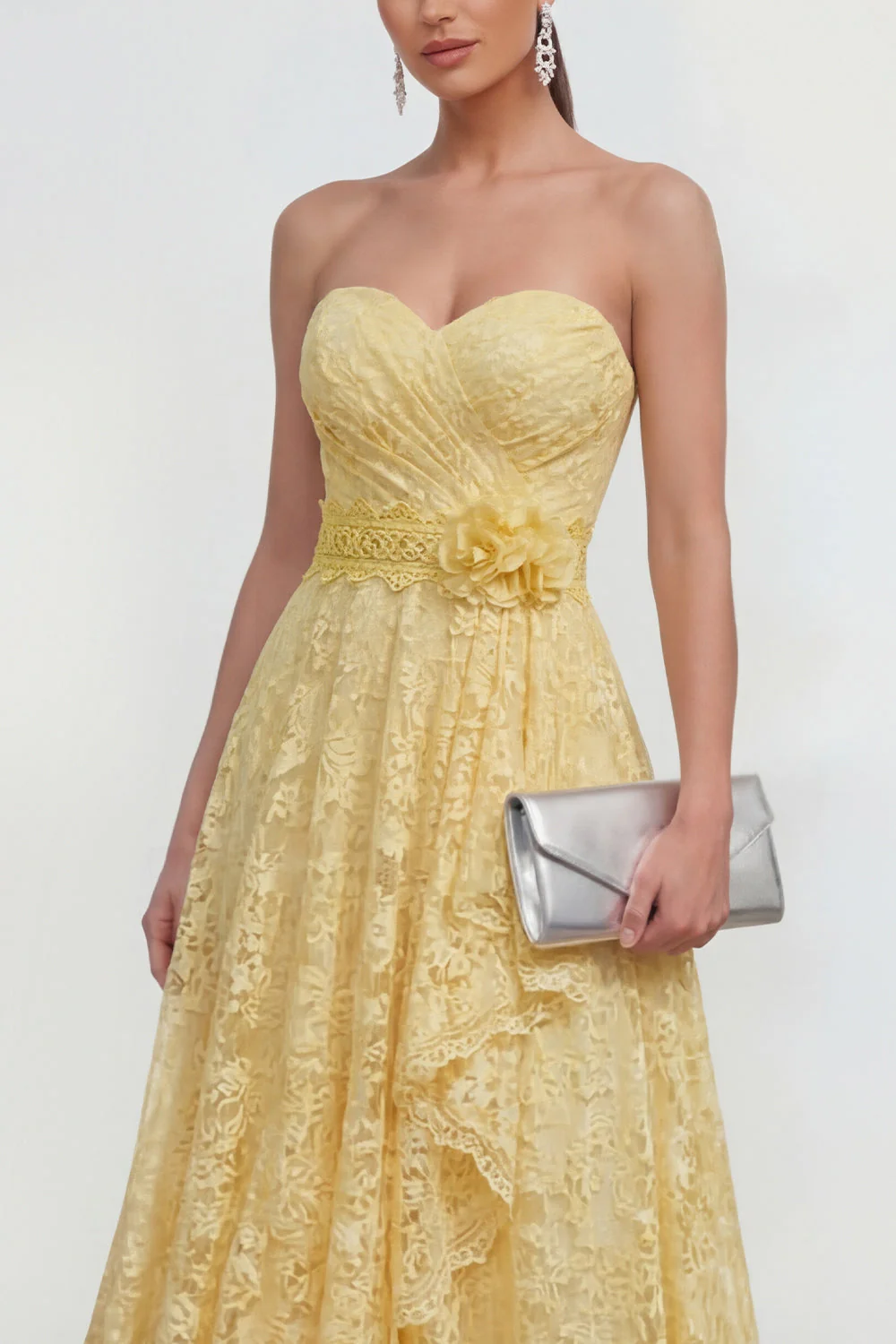 Yellow Sweetheart Ruched Long Lace Maxi Dress with 3D Flower - Image 3
