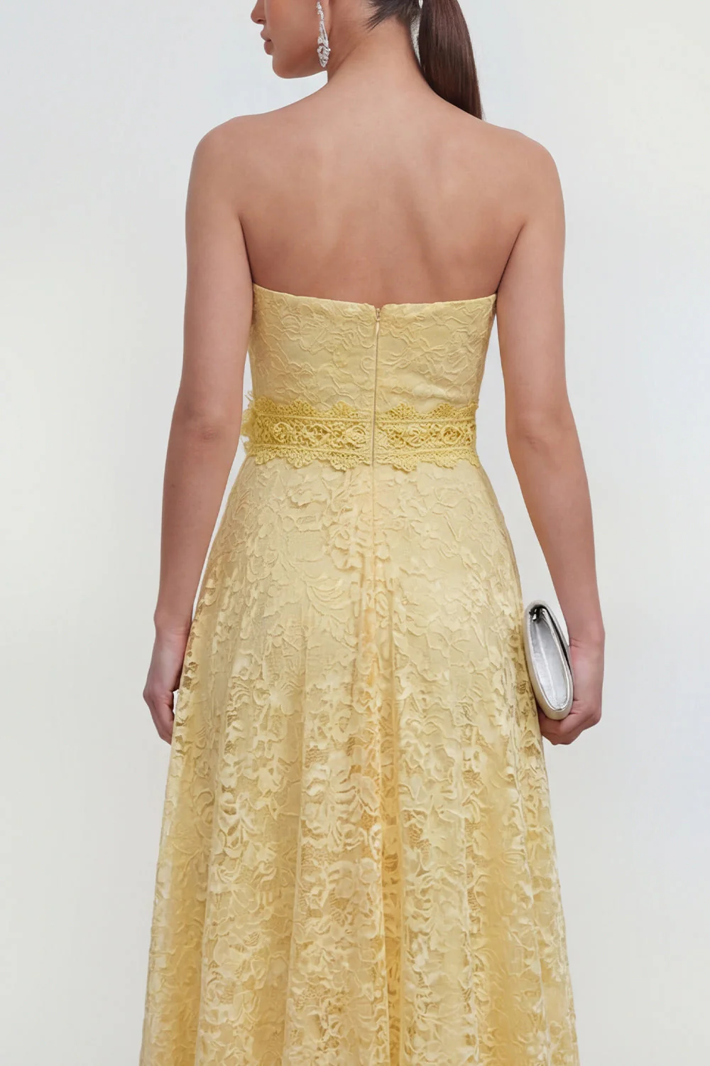 Yellow Sweetheart Ruched Long Lace Maxi Dress with 3D Flower - Image 4