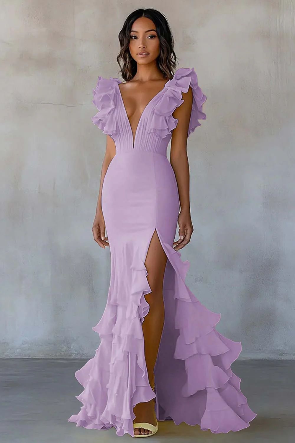 Yellow V-Neck Mermaid Ruffles Formal Dress with Slit - Image 10