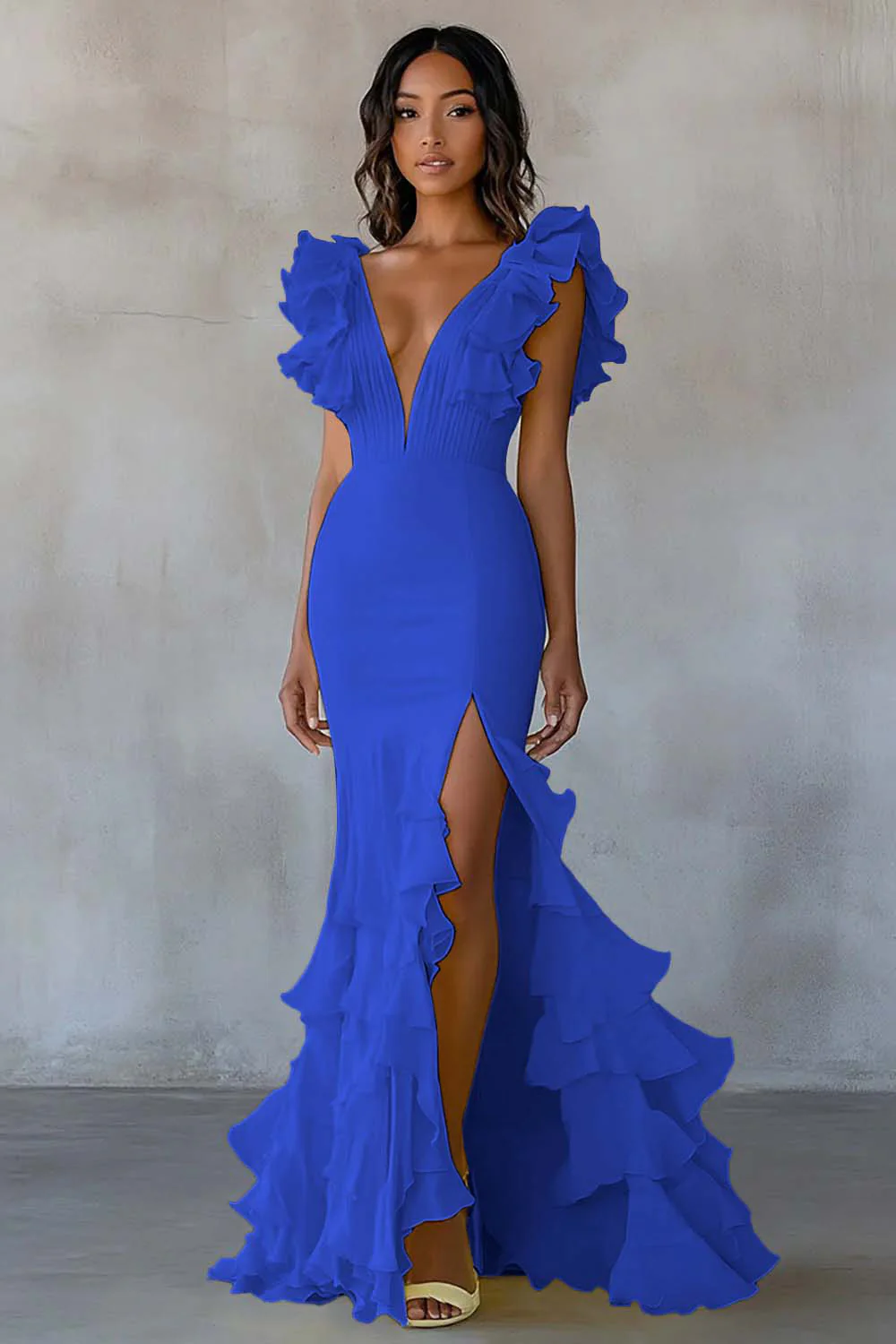 Yellow V-Neck Mermaid Ruffles Formal Dress with Slit - Image 11