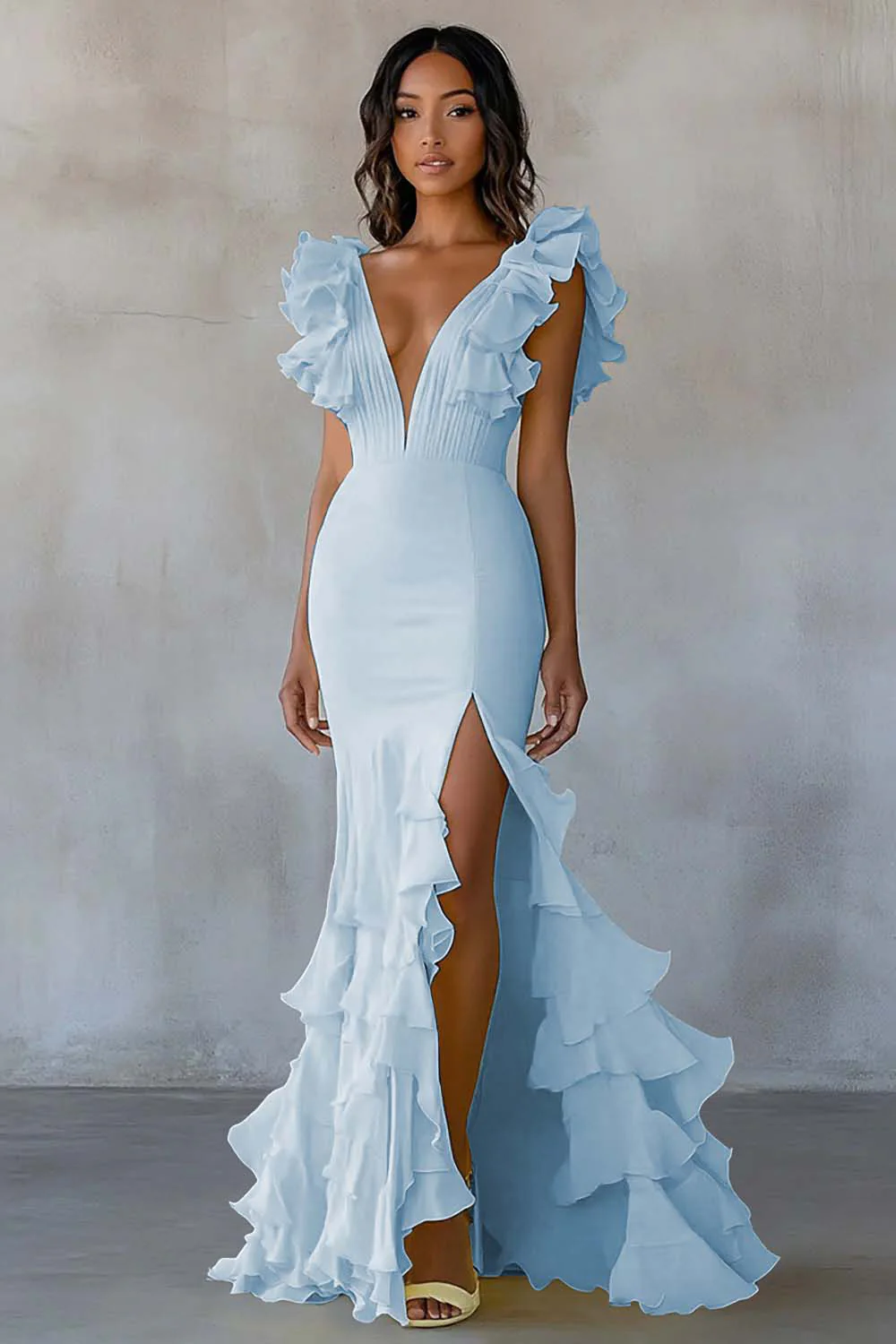 Yellow V-Neck Mermaid Ruffles Formal Dress with Slit - Image 12