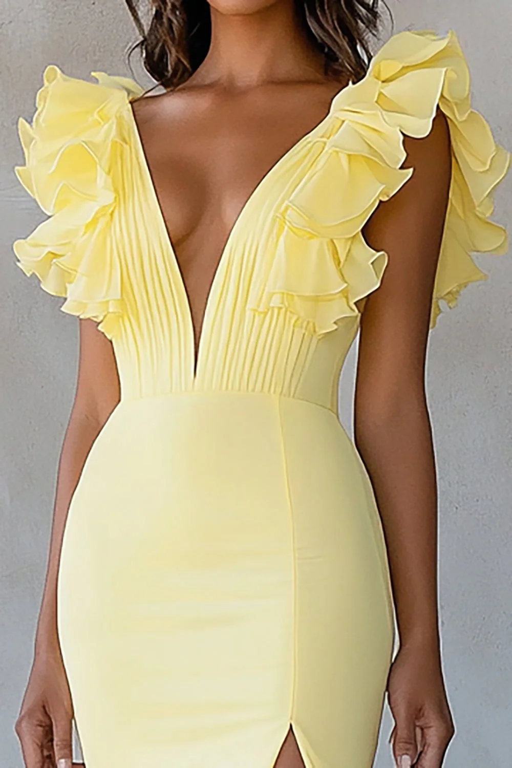 Yellow V-Neck Mermaid Ruffles Formal Dress with Slit - Image 2