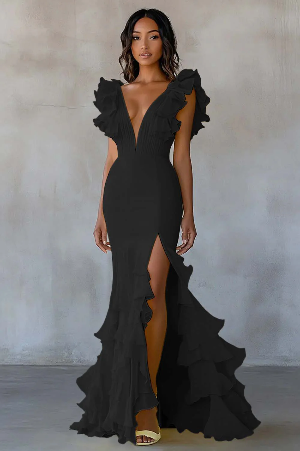 Yellow V-Neck Mermaid Ruffles Formal Dress with Slit - Image 3