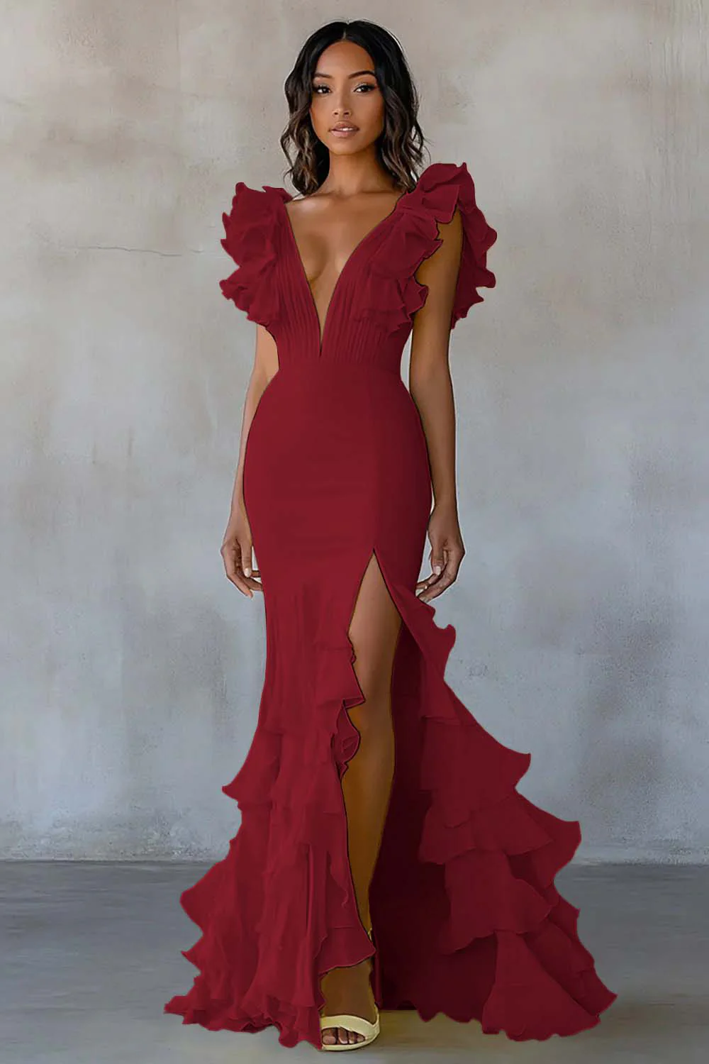 Yellow V-Neck Mermaid Ruffles Formal Dress with Slit - Image 4