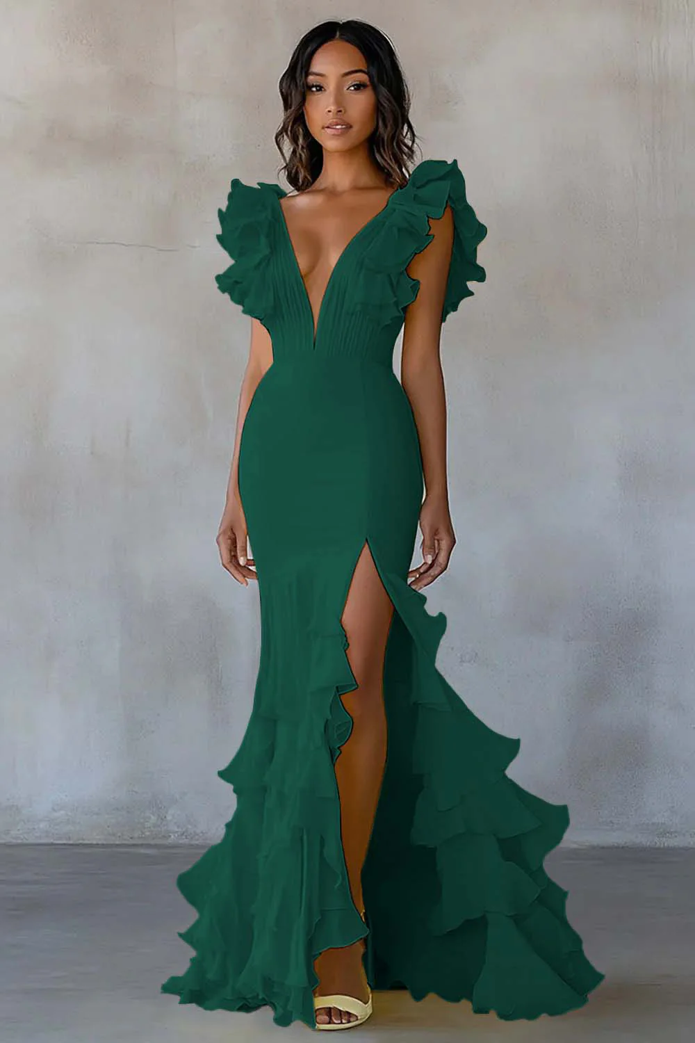 Yellow V-Neck Mermaid Ruffles Formal Dress with Slit - Image 5