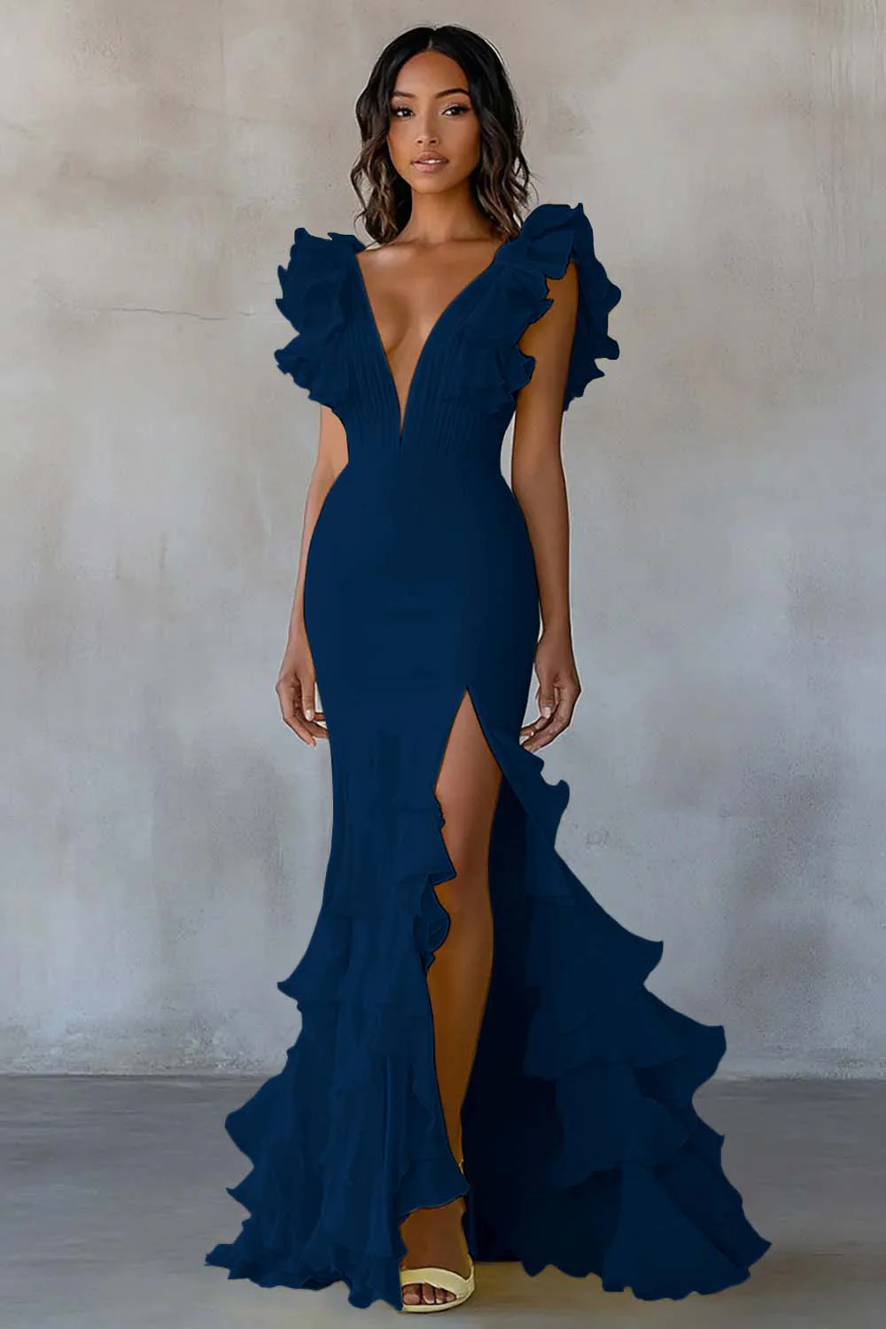 Yellow V-Neck Mermaid Ruffles Formal Dress with Slit - Image 6