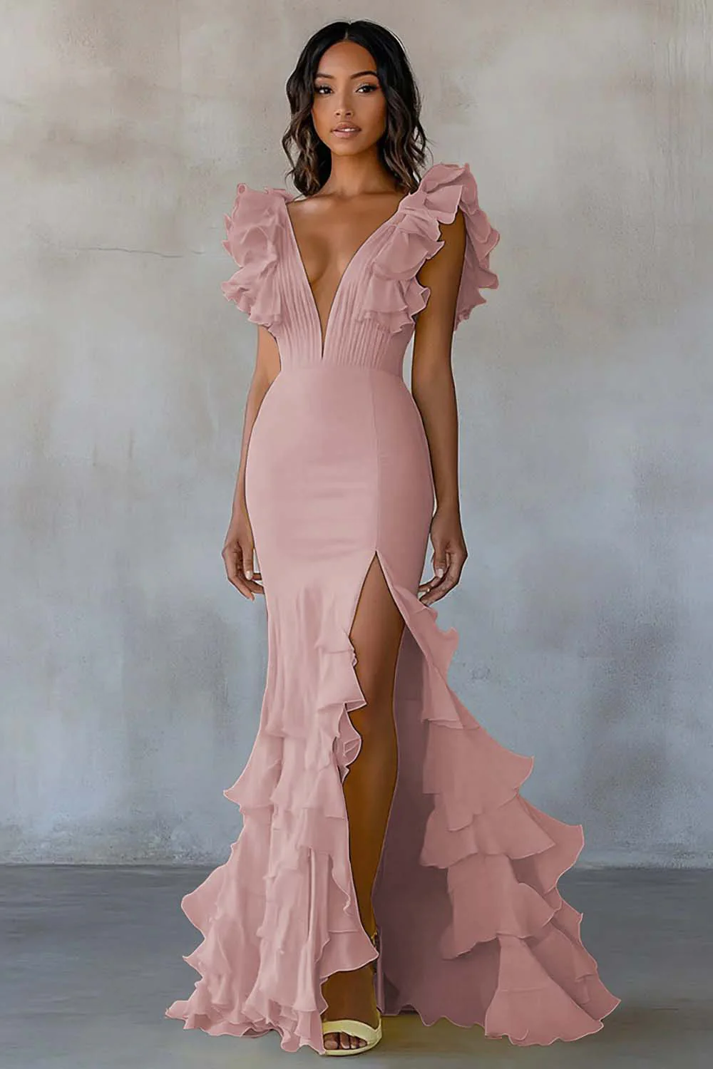 Yellow V-Neck Mermaid Ruffles Formal Dress with Slit - Image 8