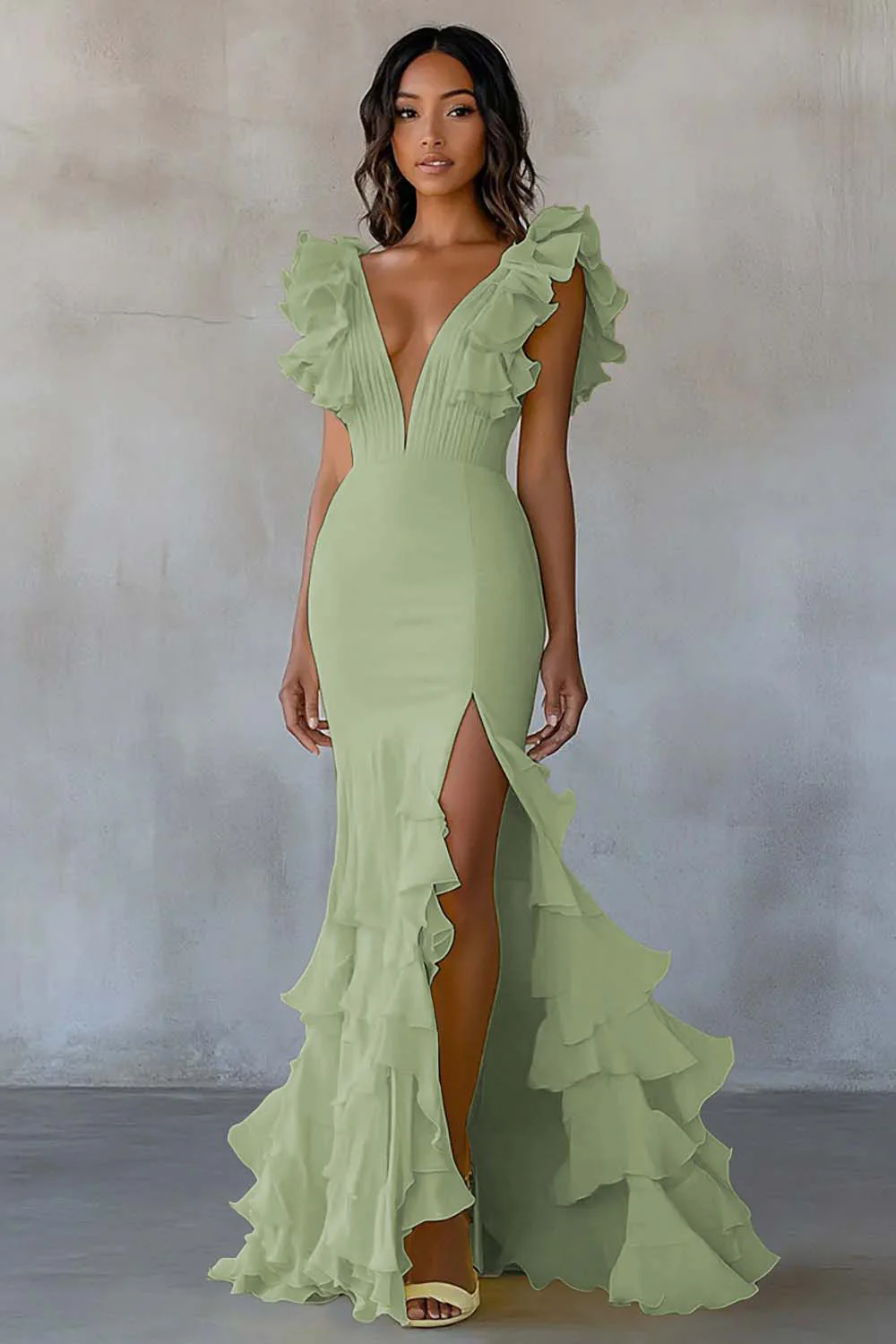 Yellow V-Neck Mermaid Ruffles Formal Dress with Slit - Image 9